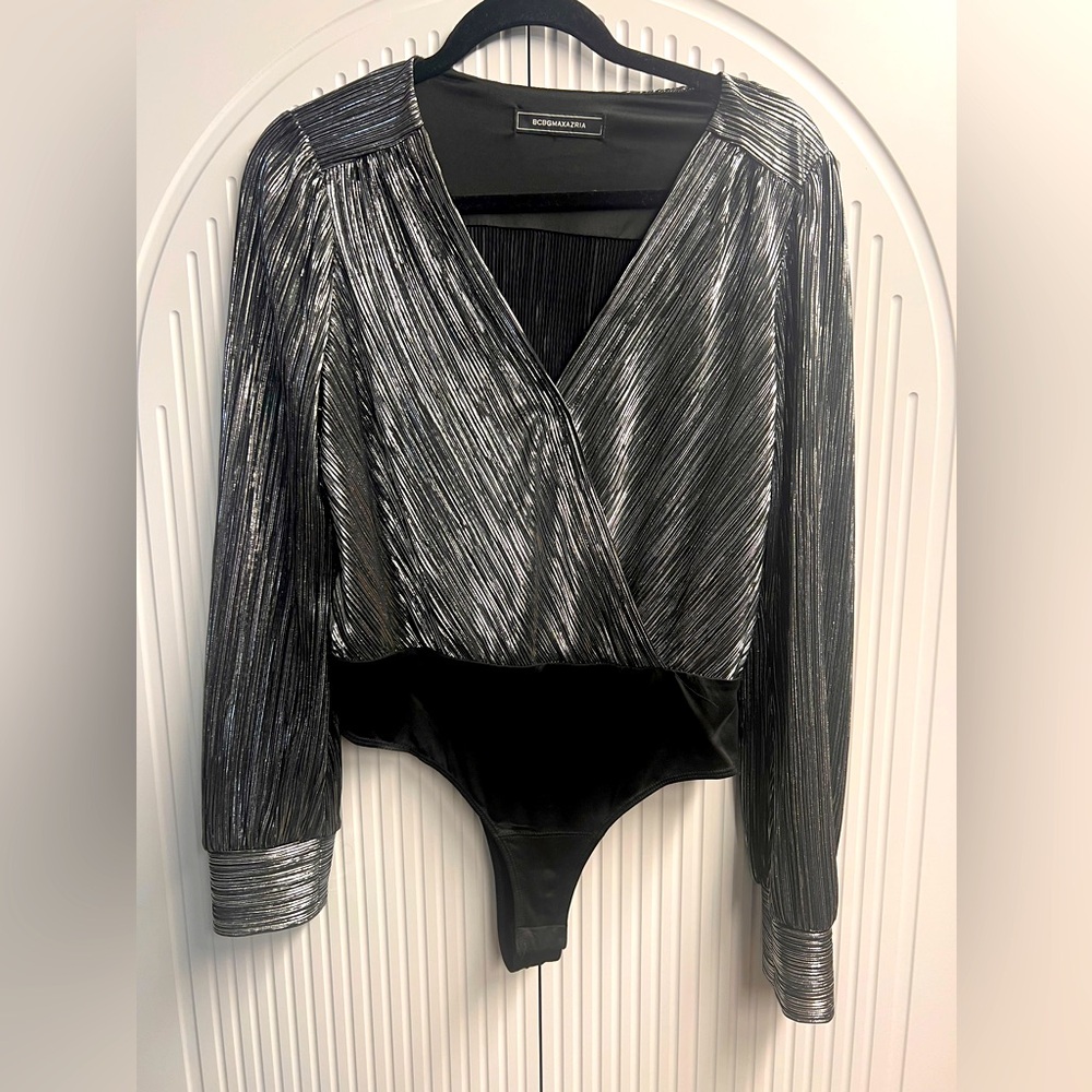 BCBGMaxAzria metallic silver body suit size small. Like new!